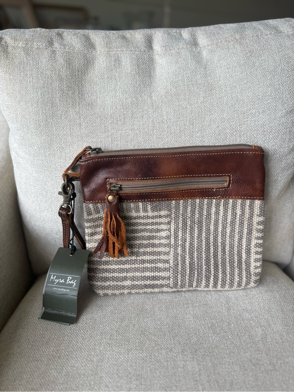 Myra Bag Brown Leather & Beige Gray Woven Wristlet Clutch with Tassel